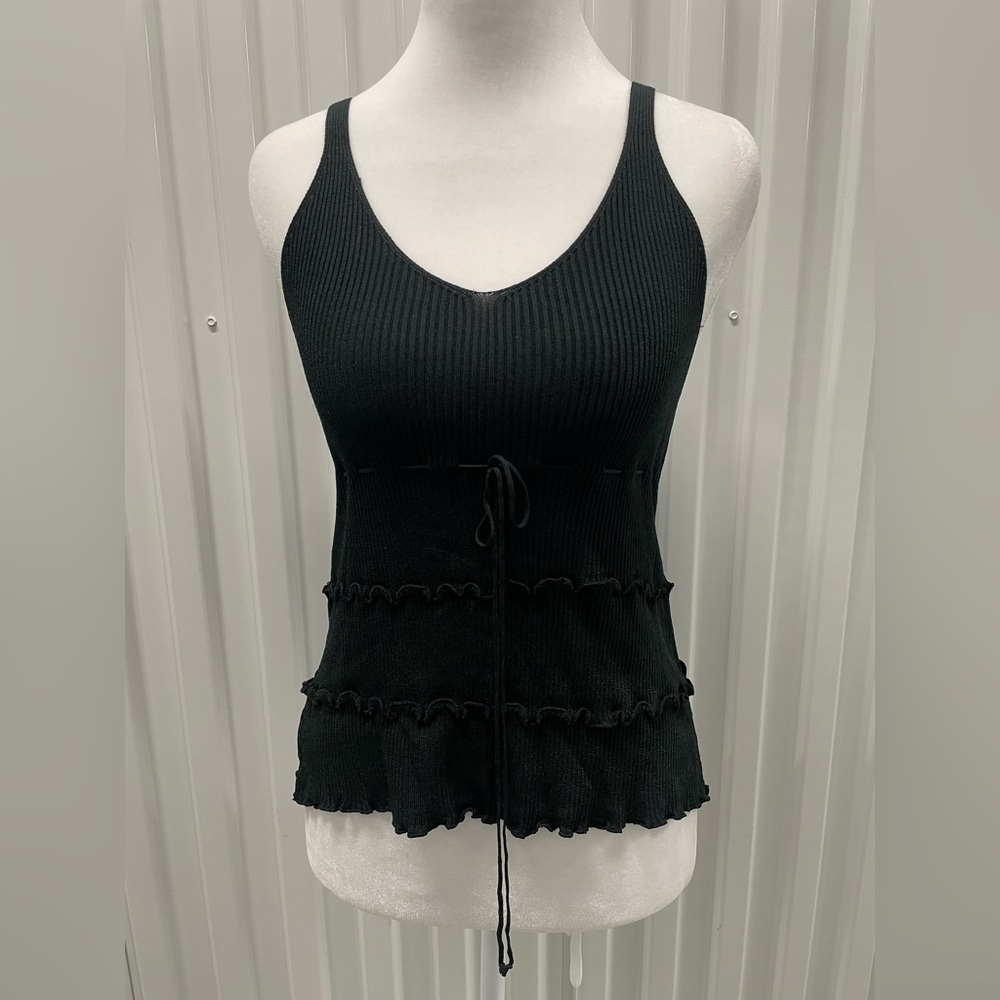 Y2K Black Ribbon Tie Bust Ribbed Cami Tank Tiered Med Whimsigoth Dark Coquette‎